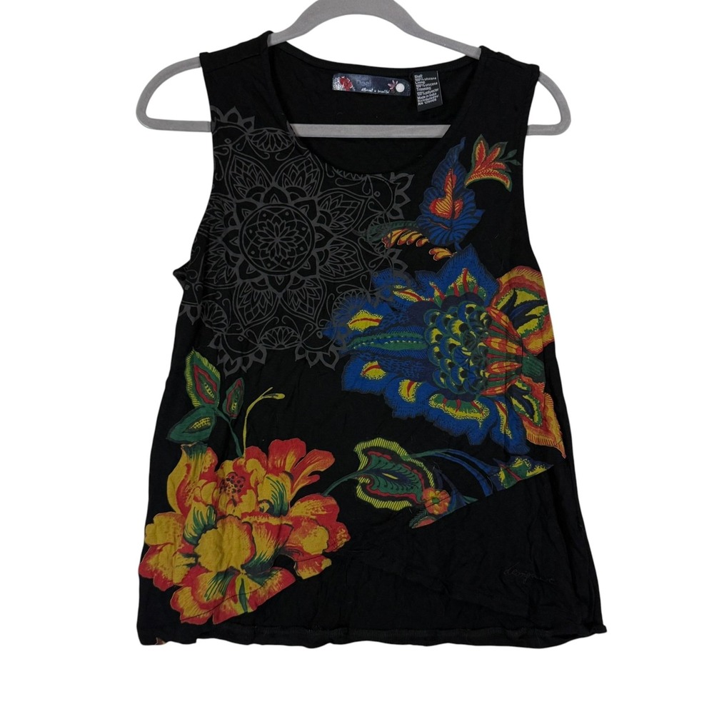 Desigual Tank Top Womens Medium Black Multicolor Floral Graphic Scoop Neck Boho
